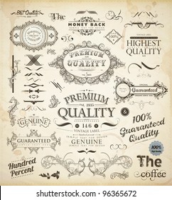 Vector set of calligraphic design elements: page decoration, Premium Quality and Satisfaction Guarantee Label, antique and baroque frames | Old paper texture with dirty footprints of a cup of coffee.