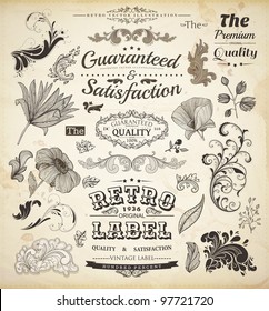 Vector set of calligraphic design elements: page decoration, Premium Quality and Satisfaction Guarantee Label, antique and baroque frames | Old paper texture with dirty footprints of a cup of coffee.