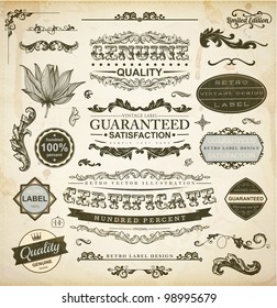 Vector set of calligraphic design elements: page decoration, Premium Quality and Satisfaction Guarantee Label, antique and baroque frames | Old paper texture with dirty footprints of a cup of coffee.