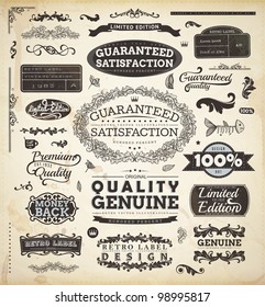 vector set: calligraphic design elements and page decoration, Premium Quality and Satisfaction Guarantee Label collection with black grungy design