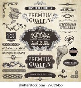 vector set: calligraphic design elements and page decoration, Premium Quality Label collection with black grungy design end engraving flowers