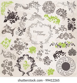 Conjunto de Vetores: Elementos de Design Caligráfico e Decoração de Página, Coleção de Quadros Vintage com Flores