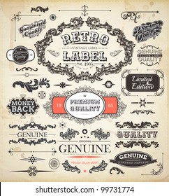 Vector set of calligraphic design elements: page decoration, Premium Quality and Satisfaction Guarantee Label, antique and baroque frames | Old paper texture with dirty footprints of a cup of coffee.