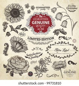 vector set: calligraphic design elements and page decoration, Premium Quality and Satisfaction Guarantee Label collection with vintage engraving flowers