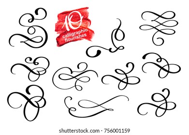 Vector set of calligraphic design flourish elements and page decorations. Elegant collection of hand drawn swirls and curls for your design.