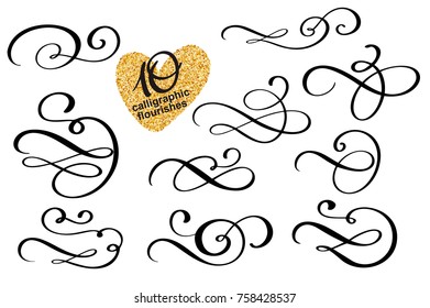 Vector set of calligraphic design flourish elements and page decorations. Elegant collection of hand drawn swirls and curls for your design
