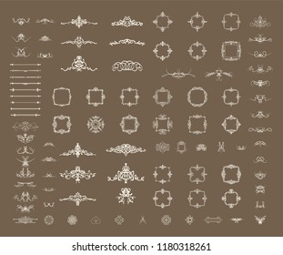 Vector set of calligraphic design signs. Vintage decor elements and wicker brown lines.Vector decoration for logos, page or restaurant menu. 