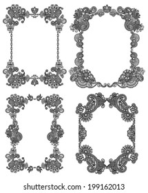  Vector set of calligraphic design vintage frame, black line art ornate flower design, page decoration, antique and baroque style