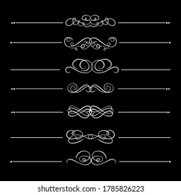 Vector set of calligraphic divider lines, white design elements isolated on black background, vintage style, flourish decorative lines.