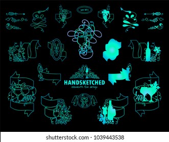 Vector set of calligraphic elements for design. Hand drawn sketch collection, vintage arrows, wave dividers, ribbons. Ornate and silhouette option. Bottles of wine, grapes, glasses. Blue-green color