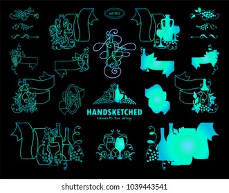 Vector set of calligraphic elements for design. Hand drawn sketch collection, vintage arrows, wave dividers, ribbons. Ornate and silhouette option. Bottles of wine, grapes, glasses. Blue-green color