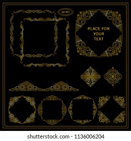 Vector set of calligraphic elements for design. Set of square frames, rectangle, section, module, template for logo, monogram, boxes, vignette. Steampunk style. Metallic gold color. Set 1 from 6