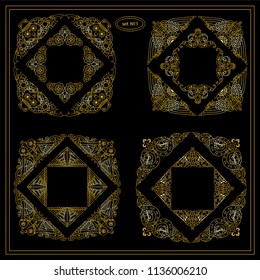 Vector set of calligraphic elements for design. Set of square frames, rectangle, section, module, template for logo, monogram, boxes, vignette. Steampunk style. Metallic gold color. Set 4 from 6