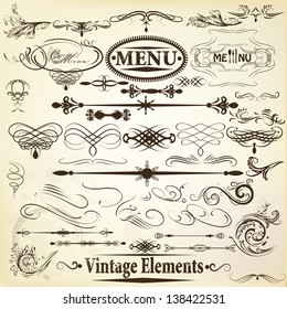 Vector set of calligraphic elements for design. Calligraphic vector