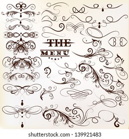 Vector set of calligraphic elements for design. Calligraphic vector