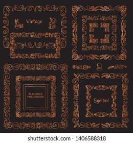 Vector set of calligraphic elements for design. Square, rectangle, section, module, template for logo, monogram, frames, boxes, vignette. Premium gold ornate elements