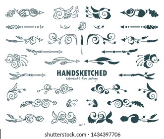 Vector set of calligraphic elements for design. Hand drawn cute arrows, indexes, dividers consist from beautiful vintage flowers, ear of wheat, leaves. Ornate and silhouette options 