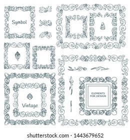 Vector set of calligraphic elements for design. Square, rectangle, section, module, template for logo, monogram, frames, boxes, vignette. Ornate elements consisting of branches, leaves, flowers, ivy