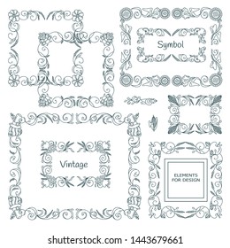 Vector set of calligraphic elements for design. Square, rectangle, section, module, template for logo, monogram, frames, boxes, vignette. Ornate elements consisting of branches, leaves, flowers, ivy