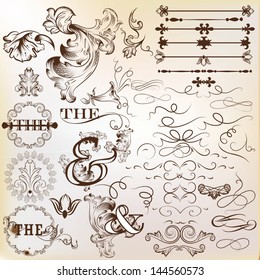 Vector set of calligraphic elements for design. Calligraphic vector