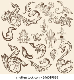 Vector set of calligraphic elements for design. Calligraphic vector