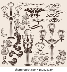 Vector set of calligraphic elements for design. Calligraphic vector