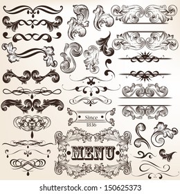 Vector set of calligraphic elements for design. Calligraphic vector