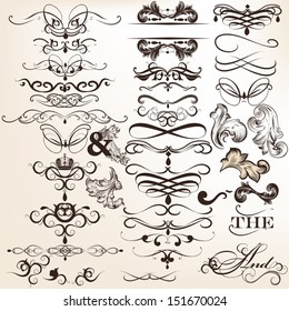 Vector set of calligraphic elements for design. Calligraphic vector