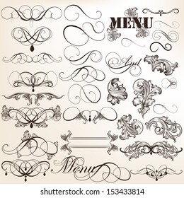 Vector set of calligraphic elements for design. Calligraphic vector