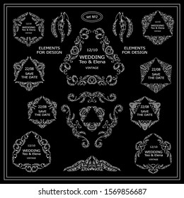 Vector set of calligraphic elements for design. Triangle template for logo, monogram, wedding or engagement invitation in boho, ethnic style. Ornate chalkboard elements consisting of feathers, beads 