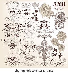 Vector set of calligraphic elements for design. Calligraphic vector