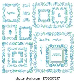 Vector set of calligraphic elements for design, blue-green watercolor style. Square, rectangle, section, module, template for logo, monogram, frames, boxes, vignette, ornate elements 