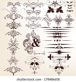 Vector set of calligraphic elements for design. Calligraphic vector