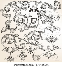 Vector set of calligraphic elements for design. Calligraphic vector