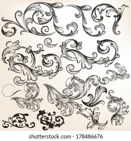 Vector set of calligraphic elements for design. Calligraphic vector