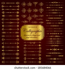 Vector set of calligraphic elements for design and page decoration in gold