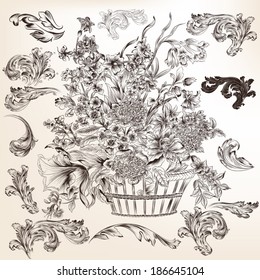Vector set of calligraphic elements for design. Calligraphic vector