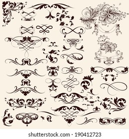 Vector set of calligraphic elements for design. Calligraphic vector