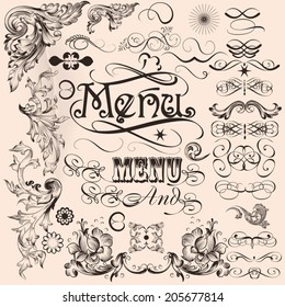 Vector set of calligraphic elements for design. Calligraphic vector