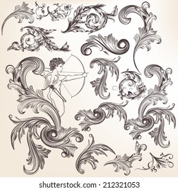 Vector set of calligraphic elements for design. Calligraphic vector