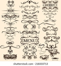 Vector set of calligraphic elements for design. Calligraphic vector