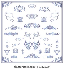 Vector set of calligraphic elements for design. Vintage ornamental arrows, wave line, dividers, decorative borders, ribbons, symbols. Lovely pears and flowers patterns. Blue watercolor style