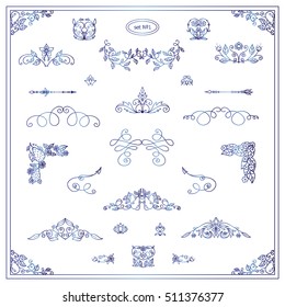 Vector set of calligraphic elements for design. Vintage ornamental arrows, wave line, dividers, decorative borders, ribbons, symbols. Lovely pears and flowers patterns. Blue watercolor style