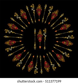 Vector set of calligraphic elements for design. Hand drawn vintage arrows and round frame. Ethnic, boho or rustic design. Hand drawn art. Watercolor style, beautiful colors 