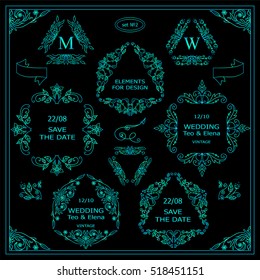 Vector set of calligraphic elements for design. Triangle template for logo, monogram, invitation and wedding symbols, arrows and ribbons. Hand drawn flowers, rose and pears, blue-green colors