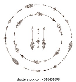 Vector set of calligraphic elements for design. Hand drawn vintage arrows and round frame. Ethnic, boho or rustic design. Hand drawn art, classic sepia color isolated on white