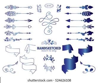 Vector set of calligraphic elements for design. Hand drawn vintage arrows, wave dividers and ribbons. Ornate and silhouette option. Hand drawn art, blue watercolor style elements