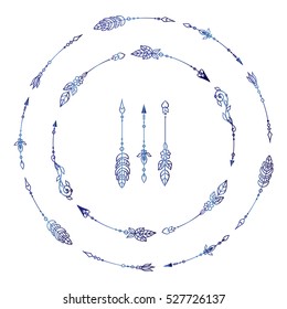 Vector set of calligraphic elements for design. Hand drawn vintage arrows and round frame. Ethnic, boho or rustic design. Hand drawn art. Blue watercolor style, isolated on white   