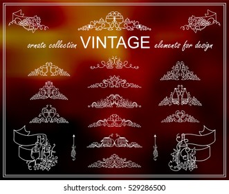 Vector set of calligraphic elements for design. Vintage ornamental arrows, wave line, dividers, decorative borders, ribbons, symbols. Bottles of wine, grapes, candles, glasses. Hand drawn sketch  