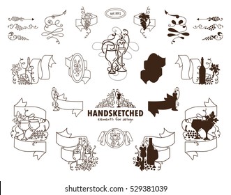 Vector set of calligraphic elements for design. Hand drawn sketch collection, vintage arrows, wave labels, ribbons. Ornate and silhouette option. Bottles of wine, grapes, glasses. Classic style 